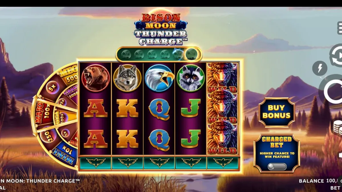 Tampilan visual slot Bison Moon: Thunder Charge dengan tema badai dan alam liar