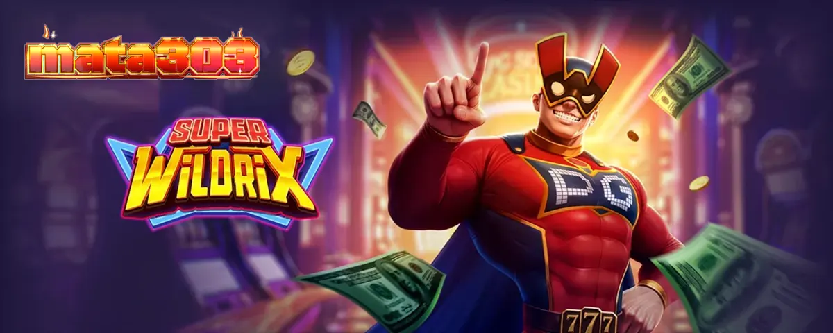 Tampilan layar permainan slot Super Wildrix dengan tema pahlawan super neon